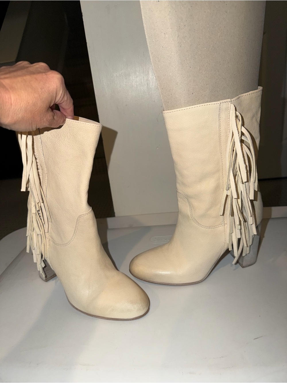 Free People Cream Fringe Leather Heeled Boots